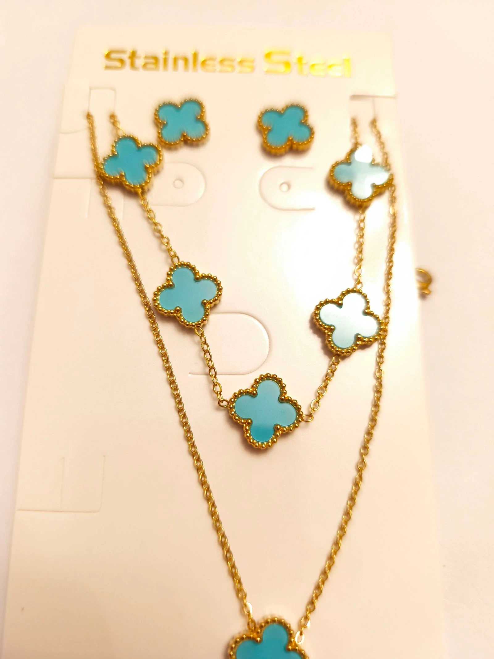 Conjunto de gargantilha pulseira e brincos de trevo cor turquesa – photo 6